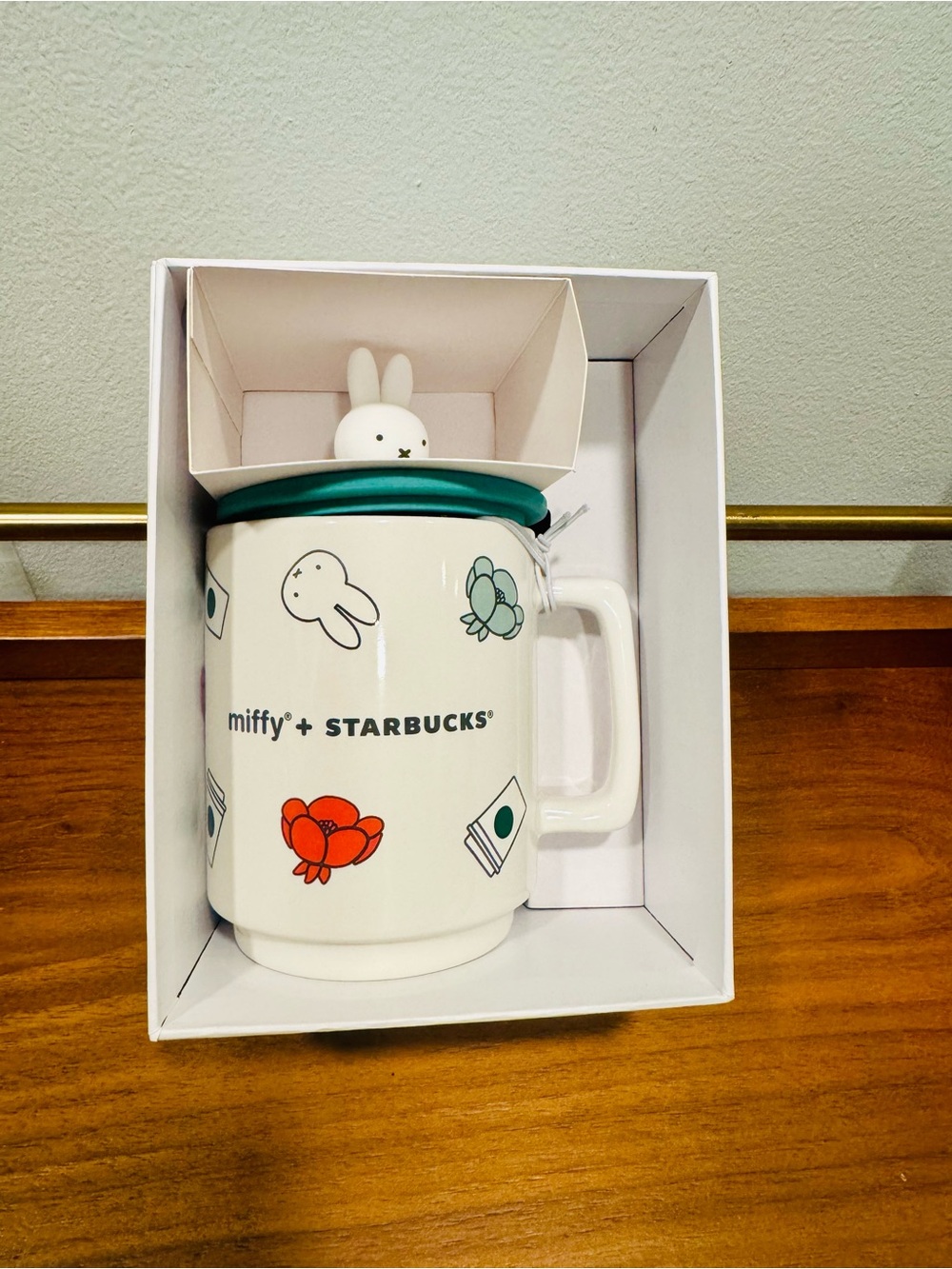 Starbucks x Miffy White Ceramic Mug with Green Lid and Red Accents